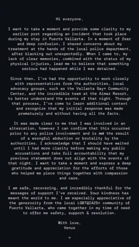 Venus Clarifies Puerto Vallarta Incident