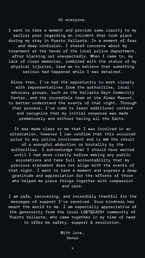 Venus Clarifies Puerto Vallarta Incident