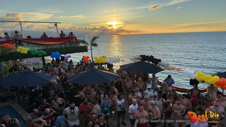BeefDip Bear Week 2026 welcome party at Blue Chairs Resort rooftop in Puerto Vallarta