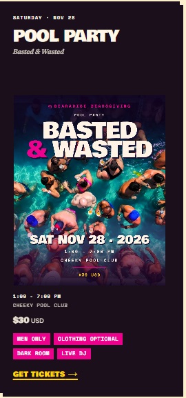 Basted and Wasted pool party flyer, Bearadise Bearsgiving, Saturday November 28 2026, Cheeky Pool Club