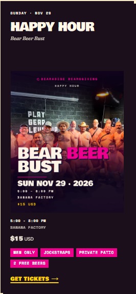 Bear Beer Bust happy hour flyer, Bearadise Bearsgiving, Sunday November 29 2026, Banana Factory
