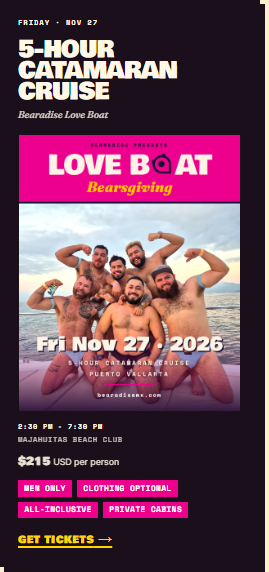 Bearadise Love Boat catamaran cruise flyer, Friday November 27 2026, Majahuitas Beach Club, Puerto Vallarta