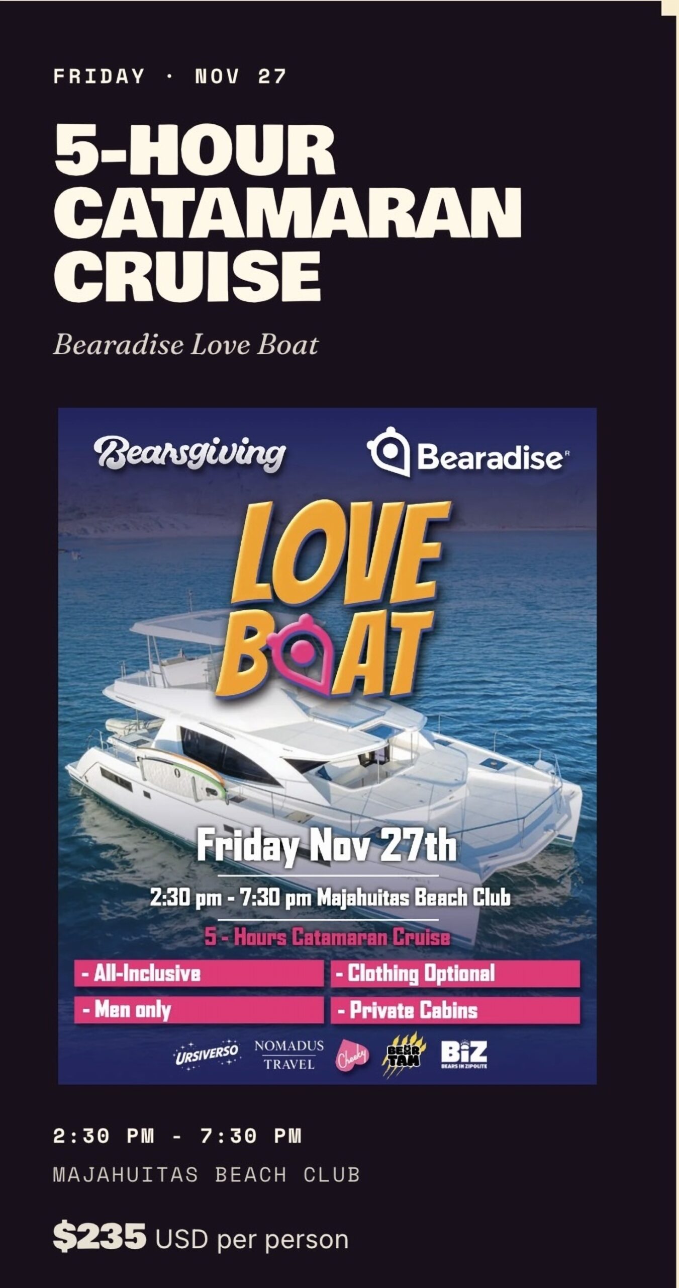 Bearadise Love Boat catamaran cruise flyer, Friday November 27 2026, Majahuitas Beach Club, Puerto Vallarta