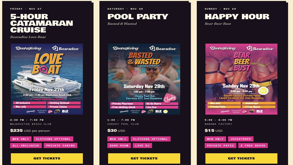Bearadise Bearsgiving 2026 in Puerto Vallarta: Love Boat catamaran cruise, Basted and Wasted pool party and Bear Beer Bust happy hour